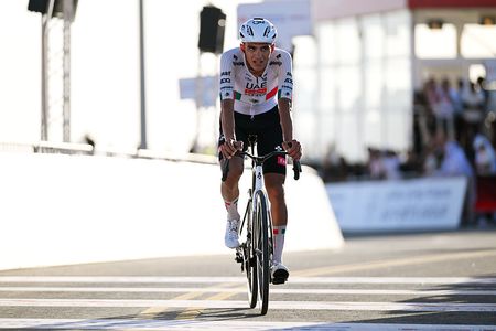 JEBEL MOBRAH, UNITED ARAB EMIRATES - FEBRUARY 18: Isaac Del Toro of Mexico and UAE Team Emirates - XRG crosses the finish line as second place winner during the 8th UAE Tour 2026, Stage 3 a 183km stage from Umm al Quwain to Jebel Mobrah 1229m / #UCIWT / on February 18, 2026 in Jebel Mobrah, United Arab Emirates. (Photo by Tim de Waele/Getty Images)