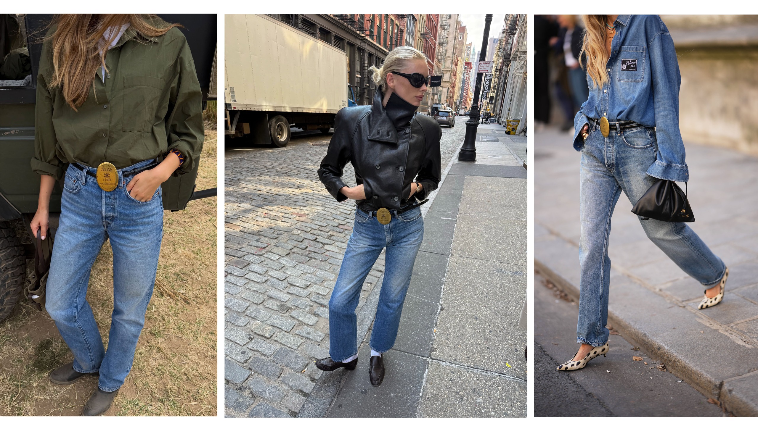 Women wearing jeans and belts with large buckles.