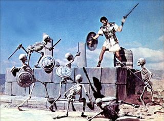 Animated movies of the 1960s; a scene depicting skeletons engaged in battle against a Roman soldier, set against a backdrop of a light-blue sky.