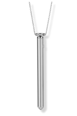 Crave vesper vibrator necklace in silver on a white background