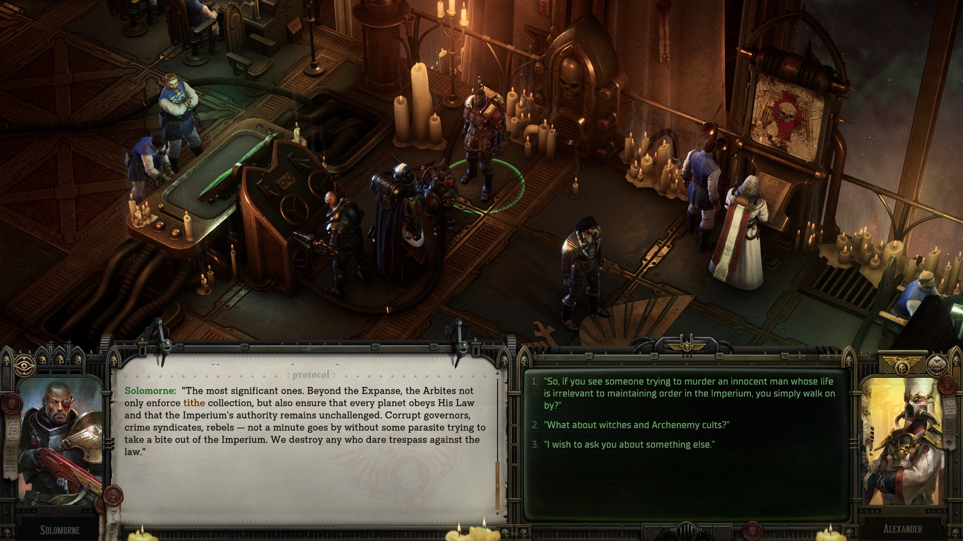 In-game screenshot with the player talking to Solomorne in Warhammer 40,000: Rogue Trader