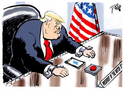 Political cartoon U.S. Trump tweets nuclear missiles North Korea