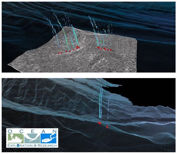 Two different perspectives of the seeps, made by bouncing sound waves off rising plumes of gas. 