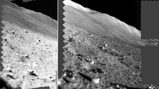 Mosaic images of the lunar surface captured by the Multiband Spectroscopic Camera (MBC) onboard Japan’s SLIM moon lander immediately after its Jan. 19 touchdown (left) and after power was restored about 10 days later (right). As the direction of the sun changed from east to west, so did the shadows cast on the lunar surface.