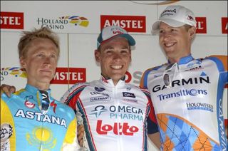 The Amstel Gold Race podium: Enrico Gasparotto (Astana), Philippe Gilbert (Omega Pharma-Lotto) and Ryder Hesjedal (Garmin-Transitions)