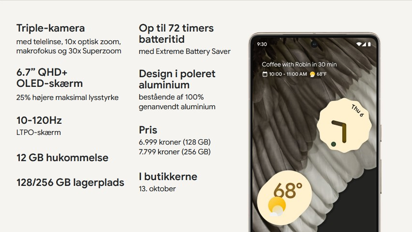 Billede af specifikationer og pris på Google Pixel 7 Pro