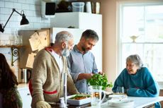 Mature man and woman visiting their son on the weekend, cutting fresh basil from the plant and garnishing home made meal, crockery on kitchen island.