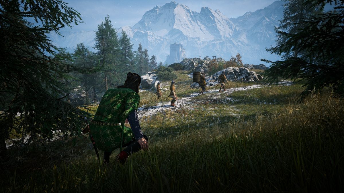The Blood of Dawnwalker open world gameplay showing Coen sneaking up on a group of guards