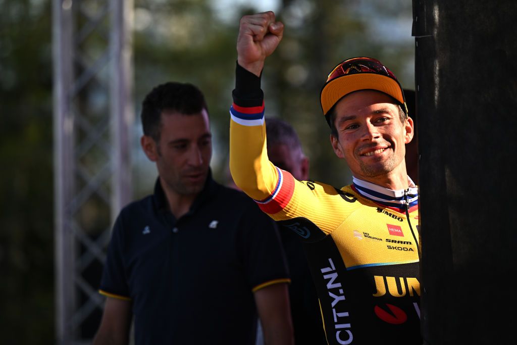 MONTE LUSSARI ITALY MAY 27 Primo Rogli of Slovenia and Team JumboVisma celebrates at podium as stage winner during the 106th Giro dItalia 2023 Stage 20 a 186km individual climbing time trial stage from Tarvisio 750m to Monte Lussari 1744m UCIWT on May 27 2023 in Monte Lussari Italy Photo by Stuart FranklinGetty Images