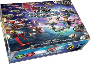 The box for the board game Star Realms Frontiers, depicting a battle between fleets of space ships.