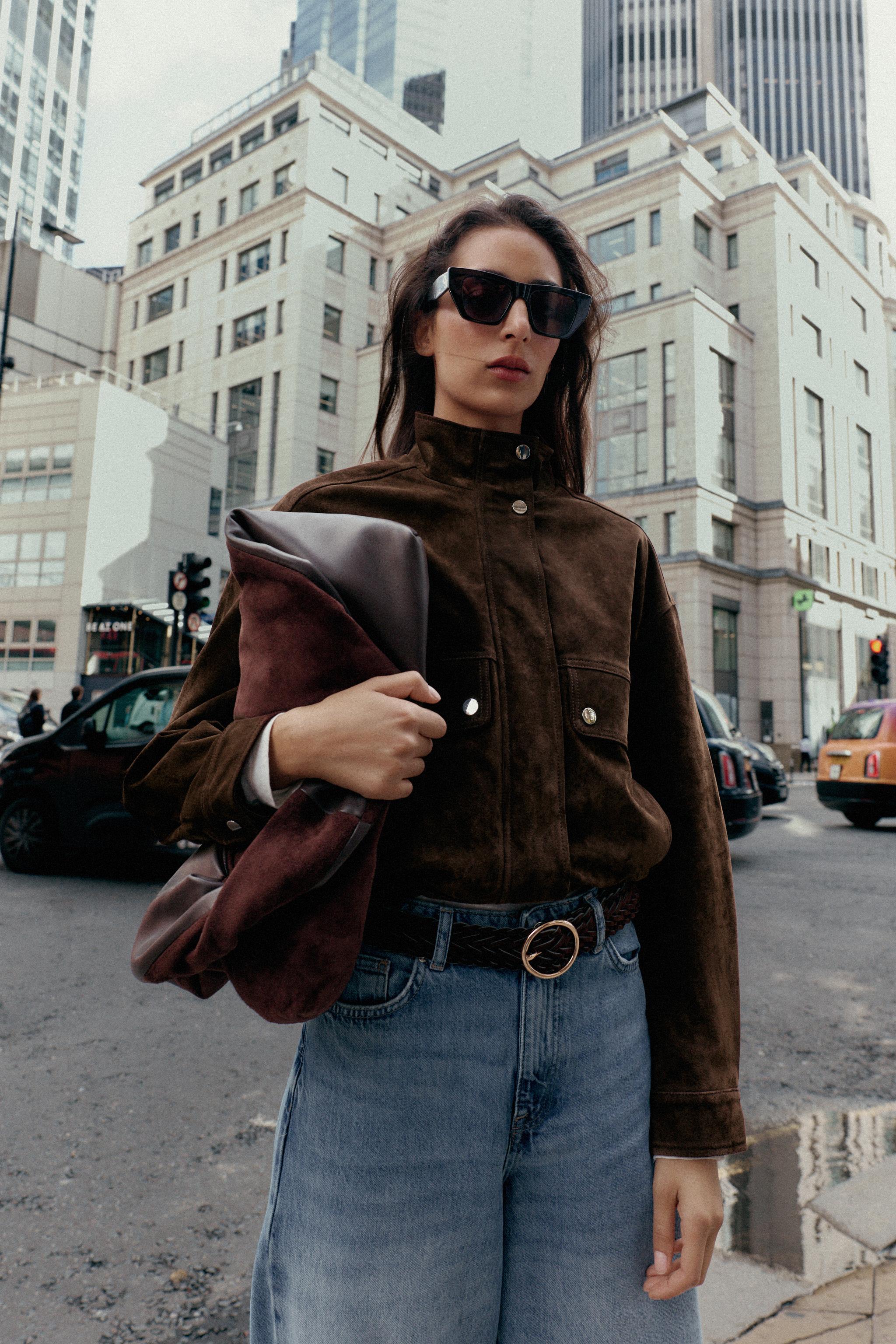 Suede Leather Bomber Jacket With Pockets