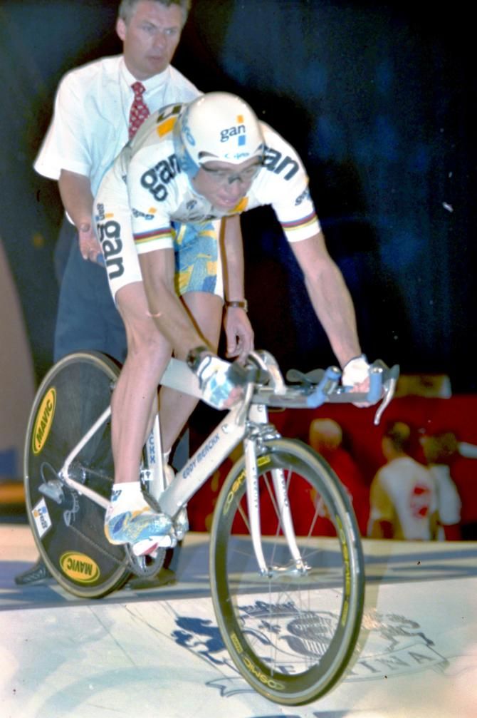 Check out the unnecessarily narrow and tall top tube on Chris Boardman's bike as used in the 1996 Tour de France prologue.