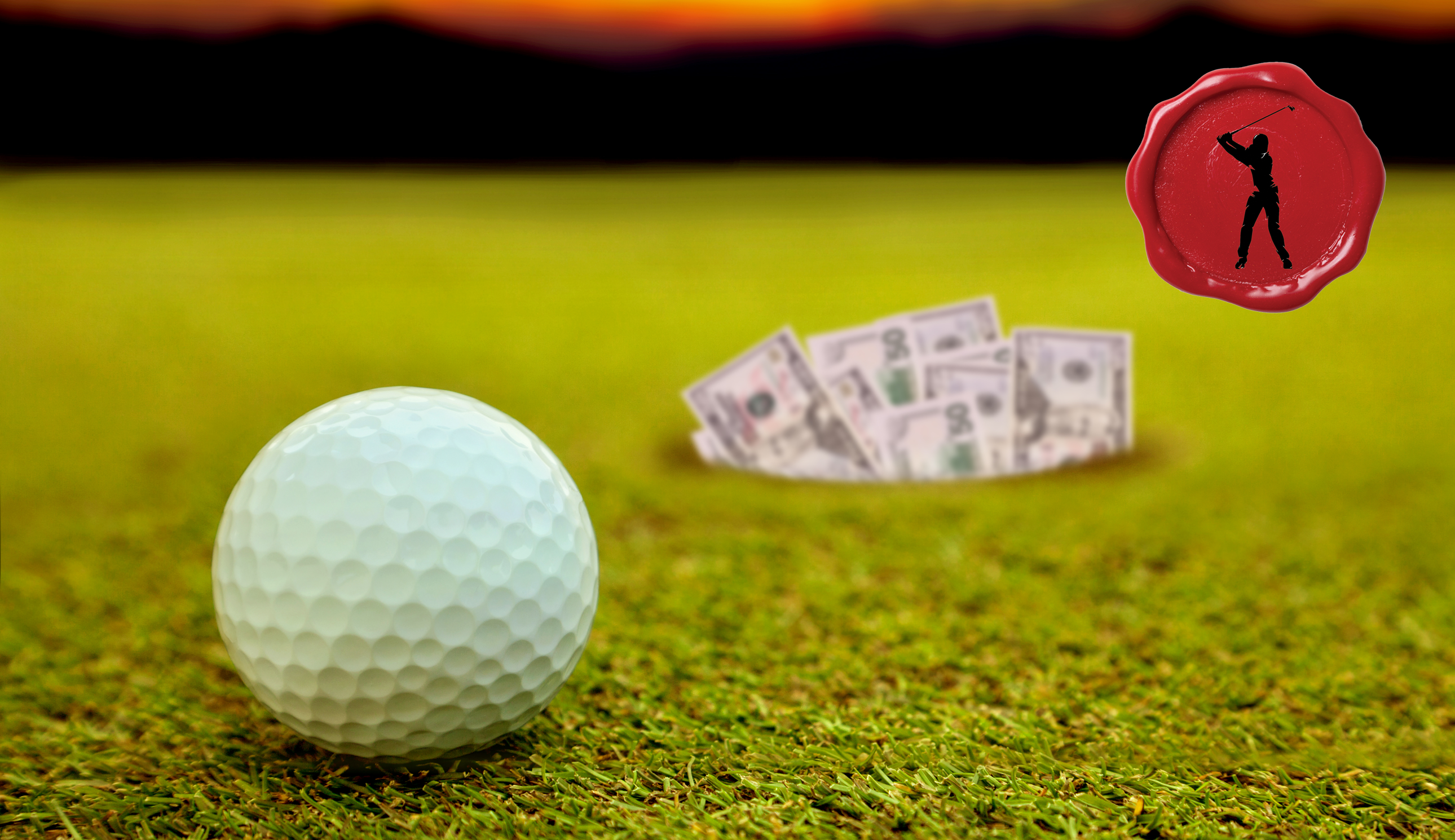 A golf ball, hole with money in and a logo in the right corner