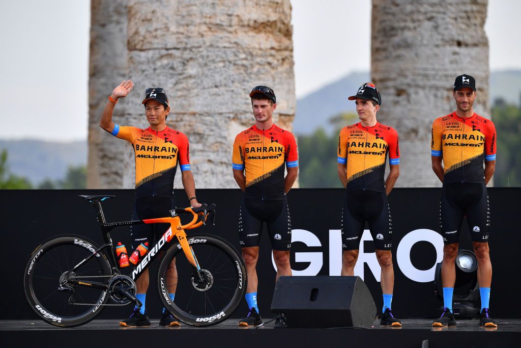 PALERMO ITALY OCTOBER 01 Yukiya Arashiro of Japan Enrico Battaglin of Italy Pello Bilbao of Spain Eros Capecchi of Italy and Team Bahrain Mclaren during the 103rd Giro dItalia 2020 Team Presentation in Archaeological Park of Segesta in Palermo City Temple of Segesta girodiitalia Giro on October 01 2020 in Palermo Italy Photo by Stuart FranklinGetty Images