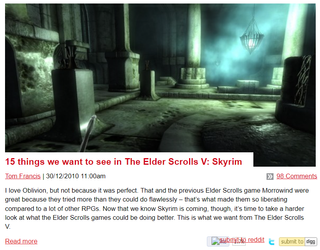 An article about Skyrim on the PC Gamer website in 2010.