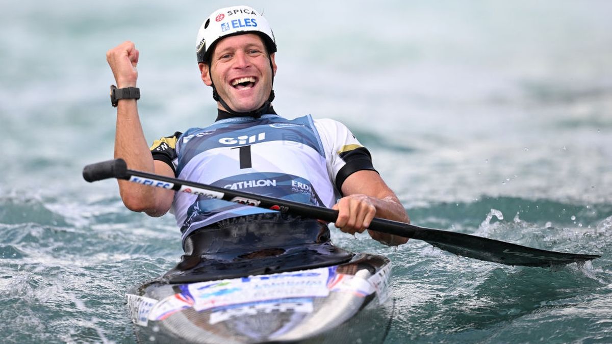 Benjamin Savsek of Slovenia celebrates winning Gold in the Men&#039;s Canoe Final at the 2023 ICF Canoe Slalom World Championships ahead of the 2024 Olympic Canoe Slalom 