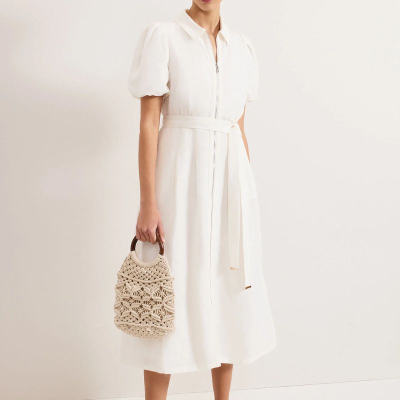 white midi dress with puffed sleeves and tailored collar from Phase Eight sale