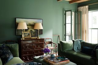 forest green color drenched living room by Benjamin Moore