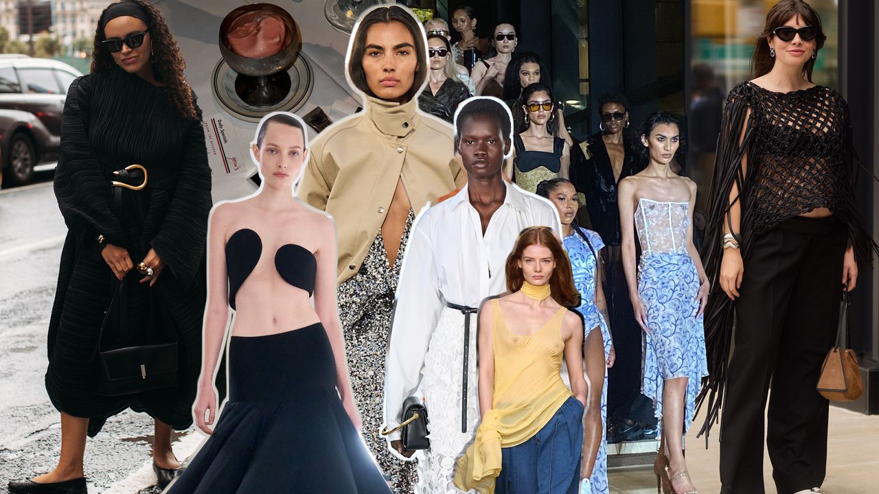 A collage featuring various highlights from New York Fashion Week: On the left, Jasmine Fox-Suliaman in a black outfit accessorized with oversized sunglasses, a gold-buckled belt, and statement rings, stands on a city street. In the center, a model wearing a beige high-collared jacket and sequin trousers is showcased, alongside a runway lineup of models wearing structured, pastel-toned designs from a spring/summer collection. On the right, Kat Collings wears a fringed black crochet top paired with wide-leg black trousers.