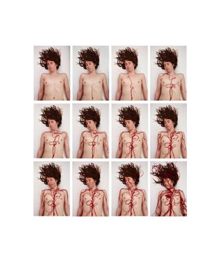 Veins by Paloma Tendero. Twelve images of a nude woman laying on her back with a red string in different configurations on her torso in each image.