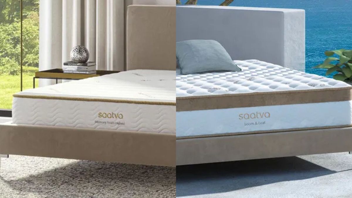 A split screen of Saatva Memory Foam Hybrid vs the Loom &amp; Leaf mattress