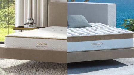 A split screen of Saatva Memory Foam Hybrid vs the Loom & Leaf mattress