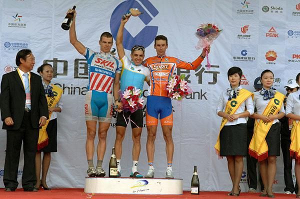 The stage four podium (l-r): Tom Veelers, Valentin Iglinskiy and Radoslav Rogina.