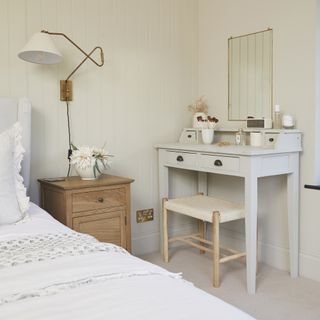 White bedroom with farmhouse inspired dressing table