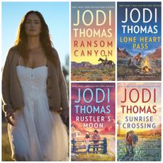 a split image of minka kelly as quinn walking through a field in netflix's ransom canyon opposite covers of the book series
