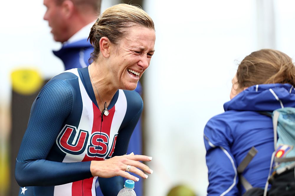Kristin Armstrong shares her joy with teammate Mara Abbott