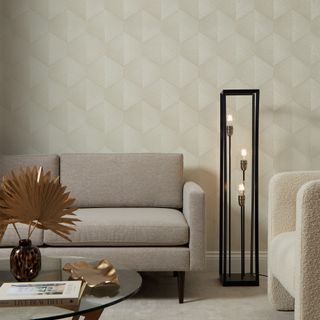 I Love Wallpaper Hex Wallpaper in Ivory in a neutral-coloured living room