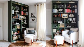 Green built-in bookshelves in cosy reading nook
