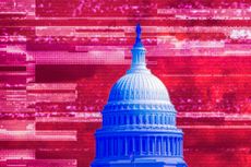 Washington DC Capitol Building in blue against a red and magenta background