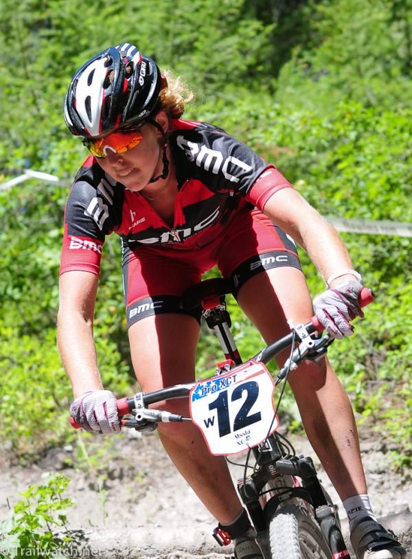 Erika Zaveta (BMC) rides the downhill switchbacks