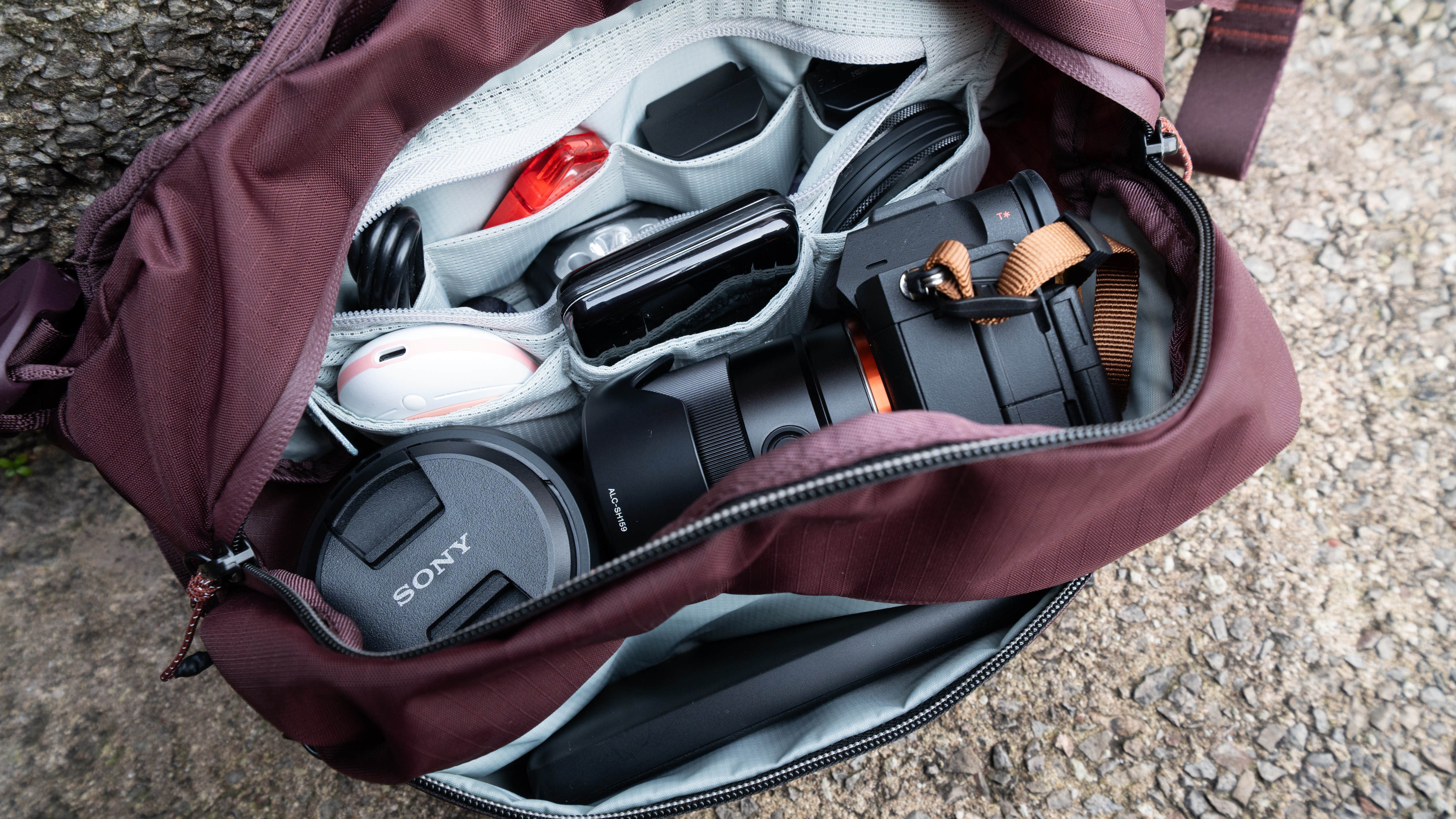 Photography gear inside the Peak Design sling bag
