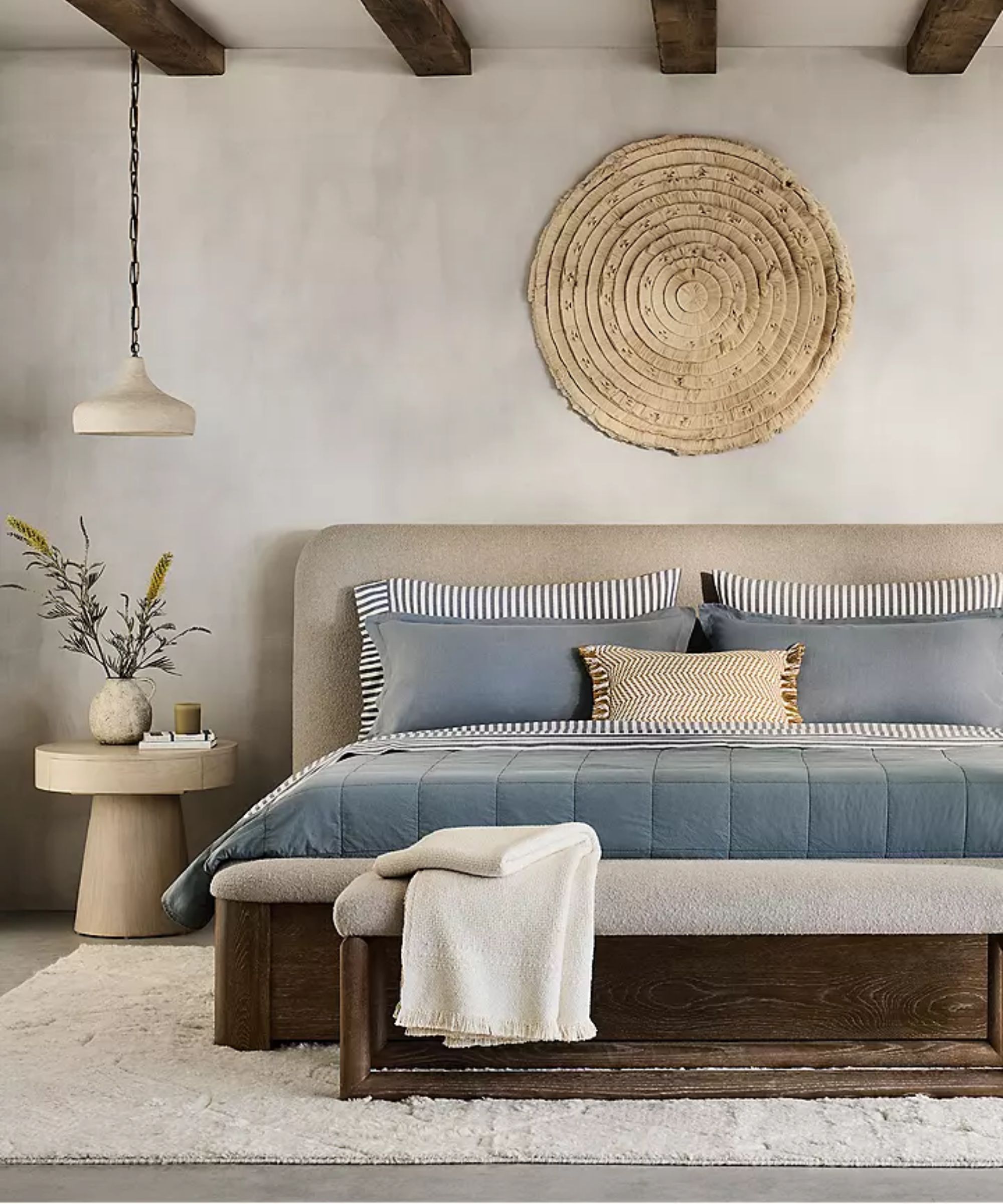neutral limewashed bedroom with coastal modern style