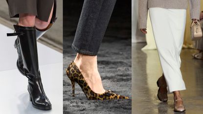 fall&#039;s biggest shoe trends shown in a collage of runway images which contain styles that can be shopped during amazon prime day deal days