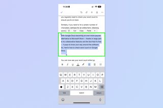 A screenshot showing how to view word count on Google Docs mobile app