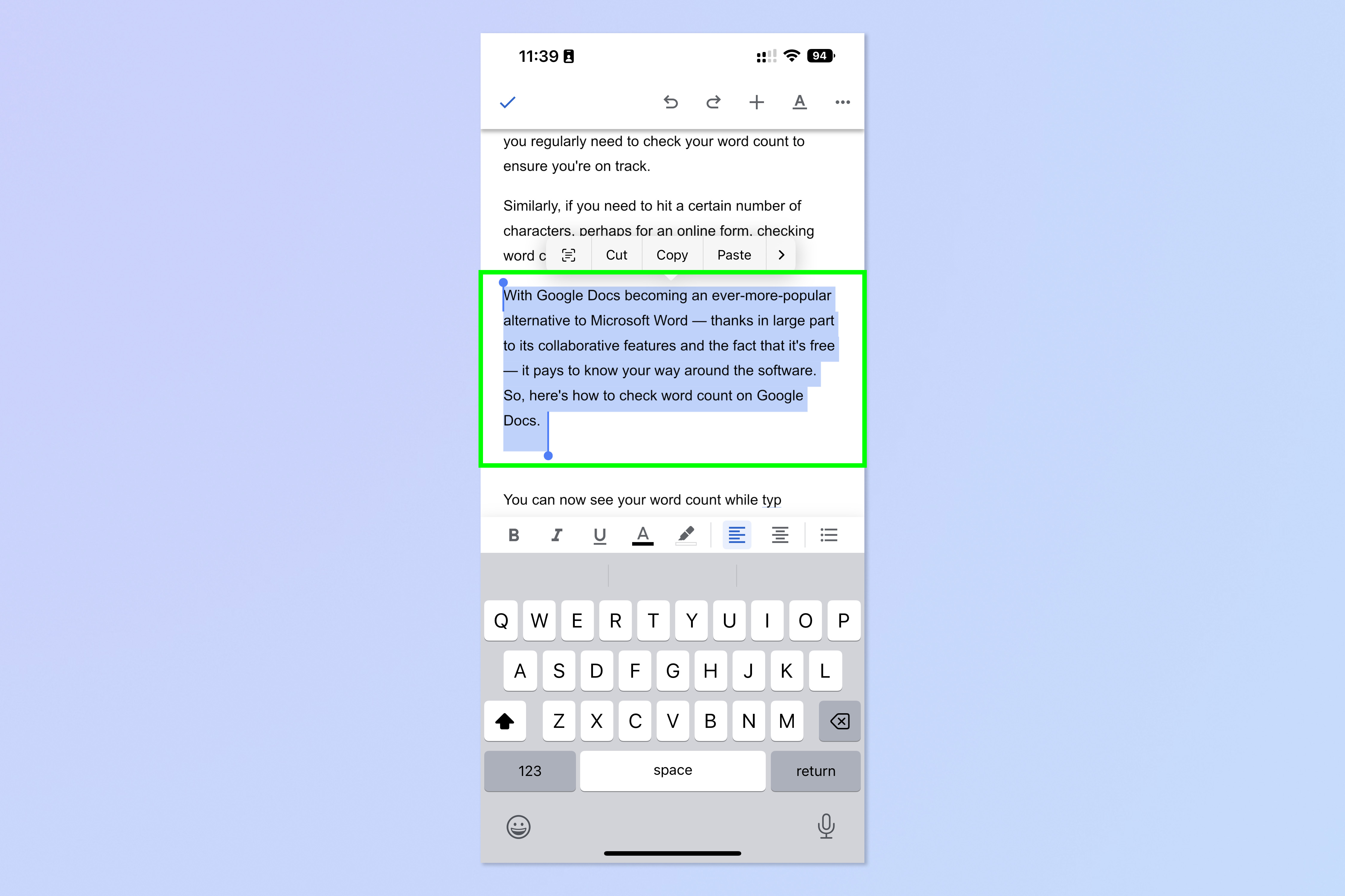 Снимок экрана, показывающий, как просмотреть количество слов в мобильном приложении Google Docs.