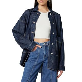 The Drop Women's Pilar Long Denim Shirt Jacket, Dark Indigo, L