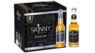 Black box of Skinny Brands Lager with a glass bottle next to the box