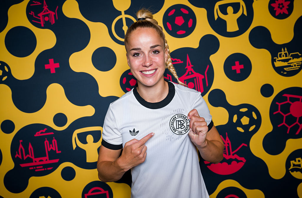 Germany Women Euro 2025 squad: Giulia Gwinn of Germany poses for a portrait during the Official UEFA Women&#039;s EURO 2025 Portrait Session on June 22, 2025 in Herzogenaurach, Germany. (Photo by 
