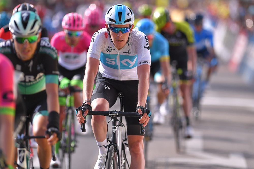 Luke Rowe (Team Sky) arrives at the finish of stage 2 at Tour de Romandie