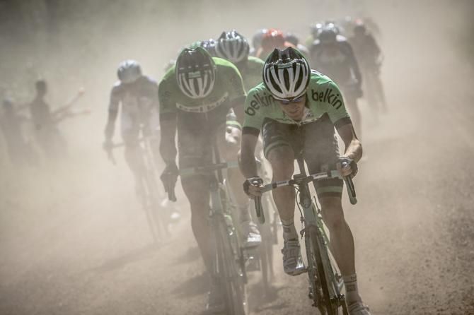 Team Belkin comes to the front as the race hits the dirt sections