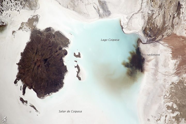 A member of the Expedition 33 crew aboard the International Space Station took this stunning photograph of river sediments clouding Bolivia&#039;s Lake Coipasa on Sept. 20, 2012.