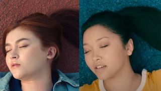 Split Image: On the left is Anna Cathcart as Kitty passed out on a red track, on the right is Lana Condor as Lara Jean passed out on a blue track