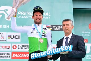 Mark Cavendish on the podium after stage 3 of the Tour of Turkey