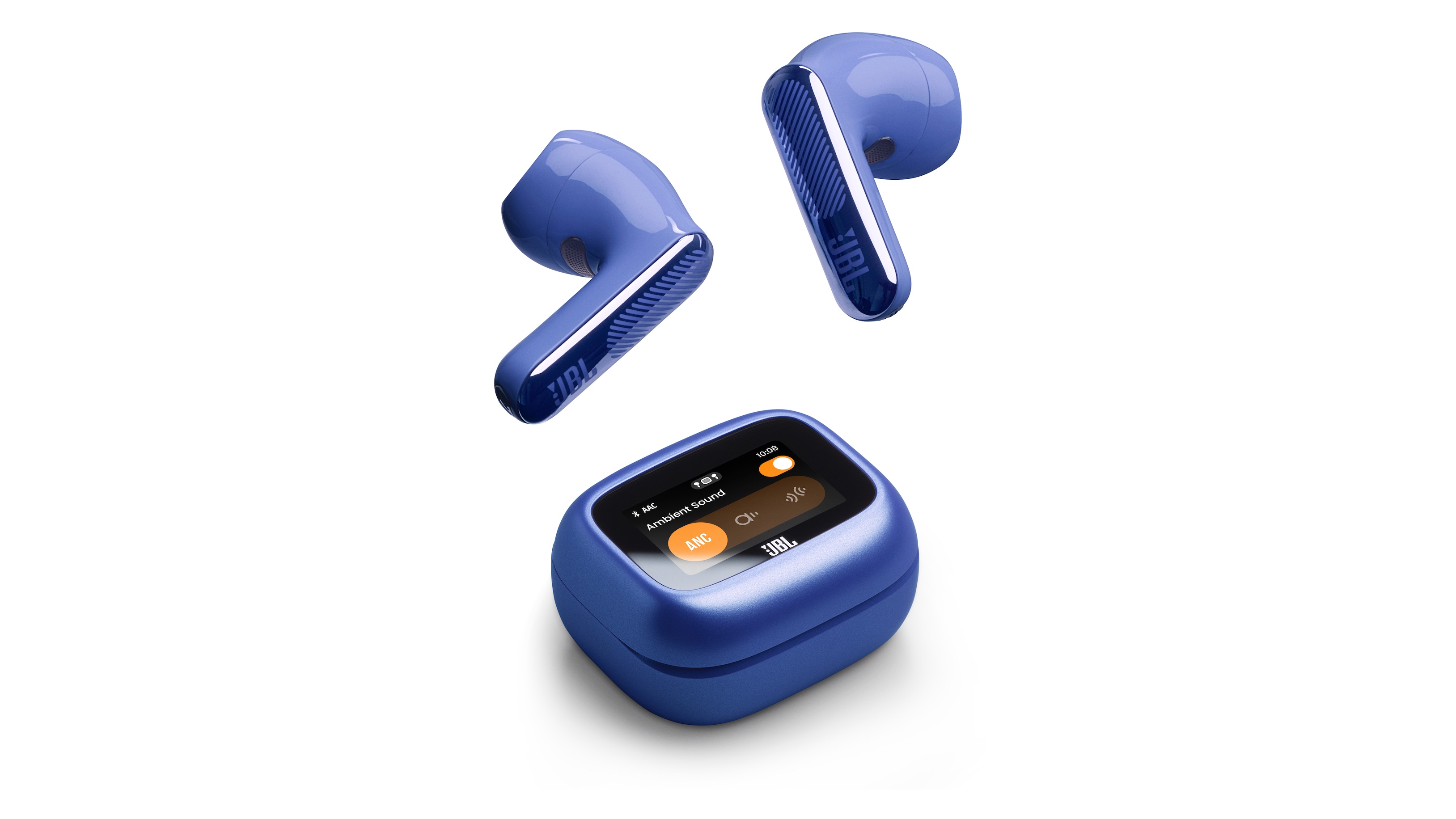 A blue pair of JBL Live 4 wireless earbuds above their charging case on a white background.