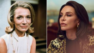 an image of a blonde woman (lee radziwell) wearing a white sleeveless blouse next to an image of a brunette woman (calista flockhart as lee radziwell) wearing a black top and leopard-print jacket