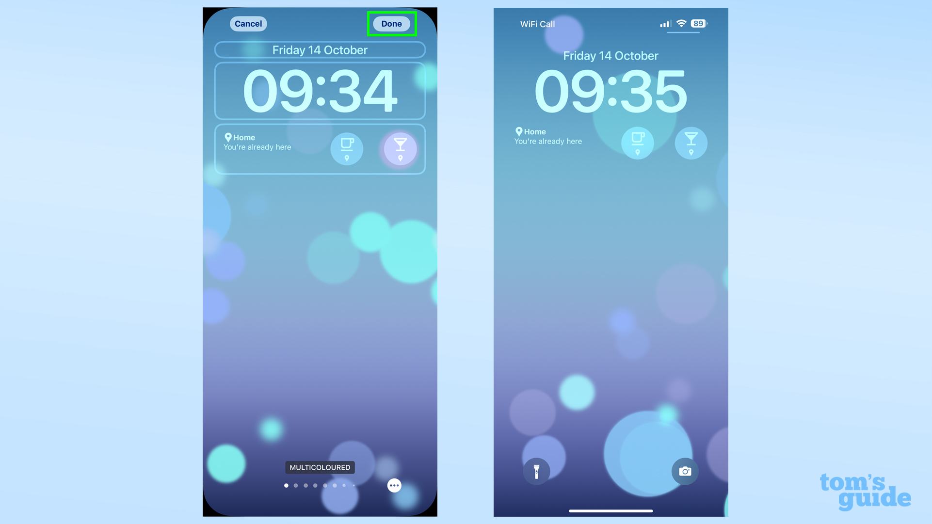 Two screenshots showing how to confirm placing Google Maps lock screen widgets in iOS